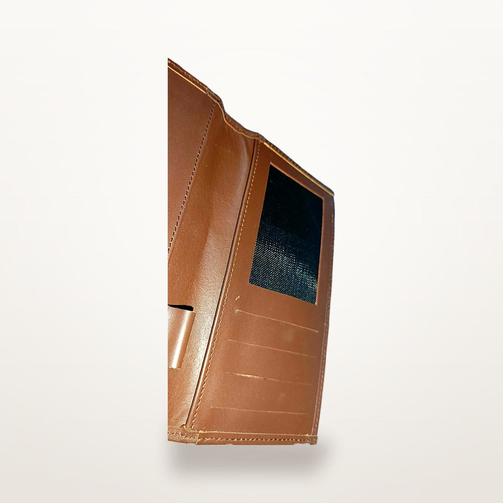 Chestnut leather envelope wallet interior with ID window and card slots