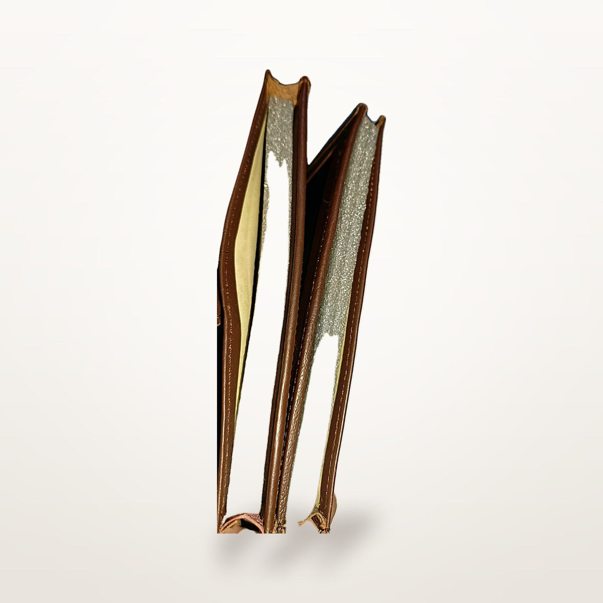 Chestnut leather envelope wallet side profile showing three interior sections