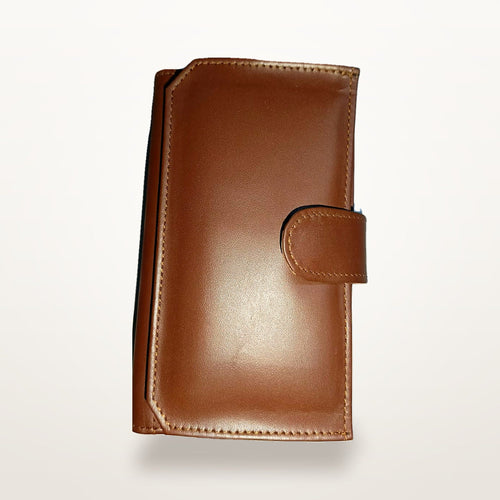Chestnut genuine leather tab-close long wallet for women, closed front view