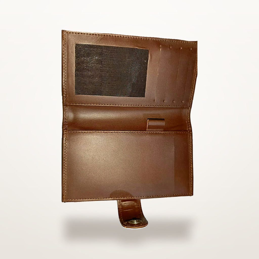 Chestnut leather long wallet open flat with mesh ID window