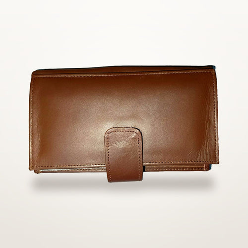 Chestnut genuine leather trifold clutch wallet, closed front view
