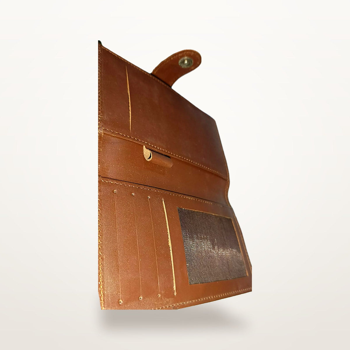 Chestnut leather trifold wallet fully opened showing all three sections