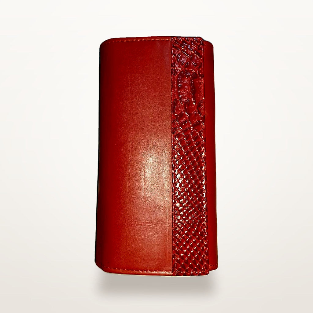 Red croc-embossed genuine leather long wallet for women, closed front view