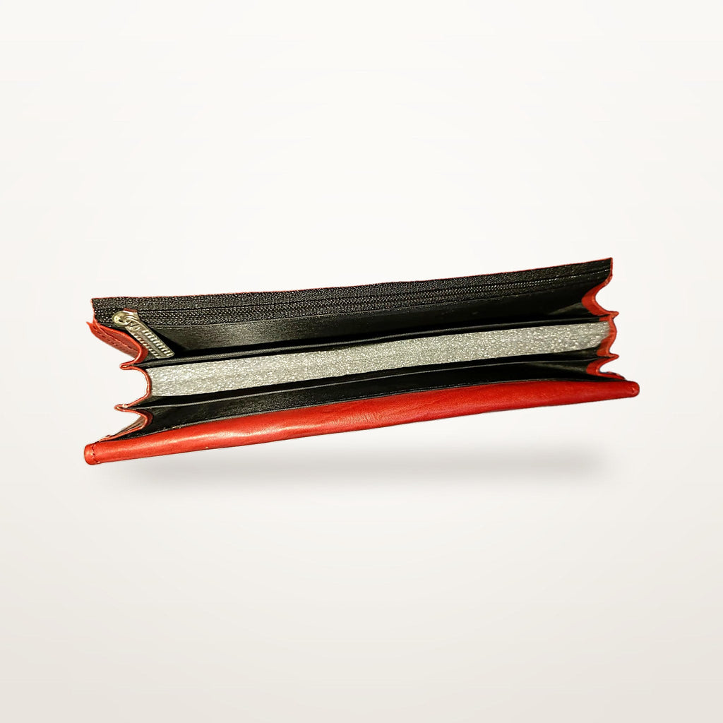 Red leather long wallet top view showing note compartments