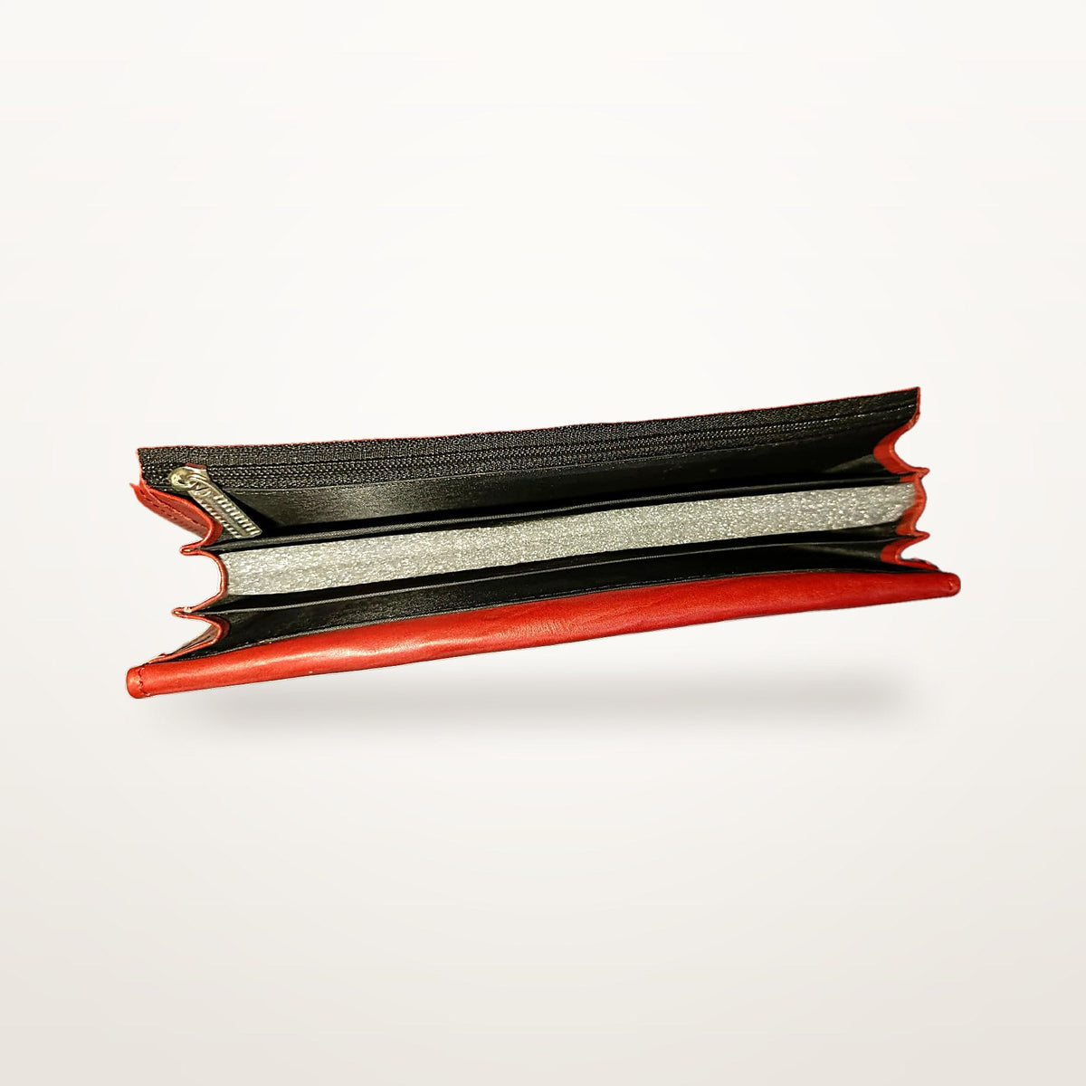 Red leather long wallet top view showing note compartments