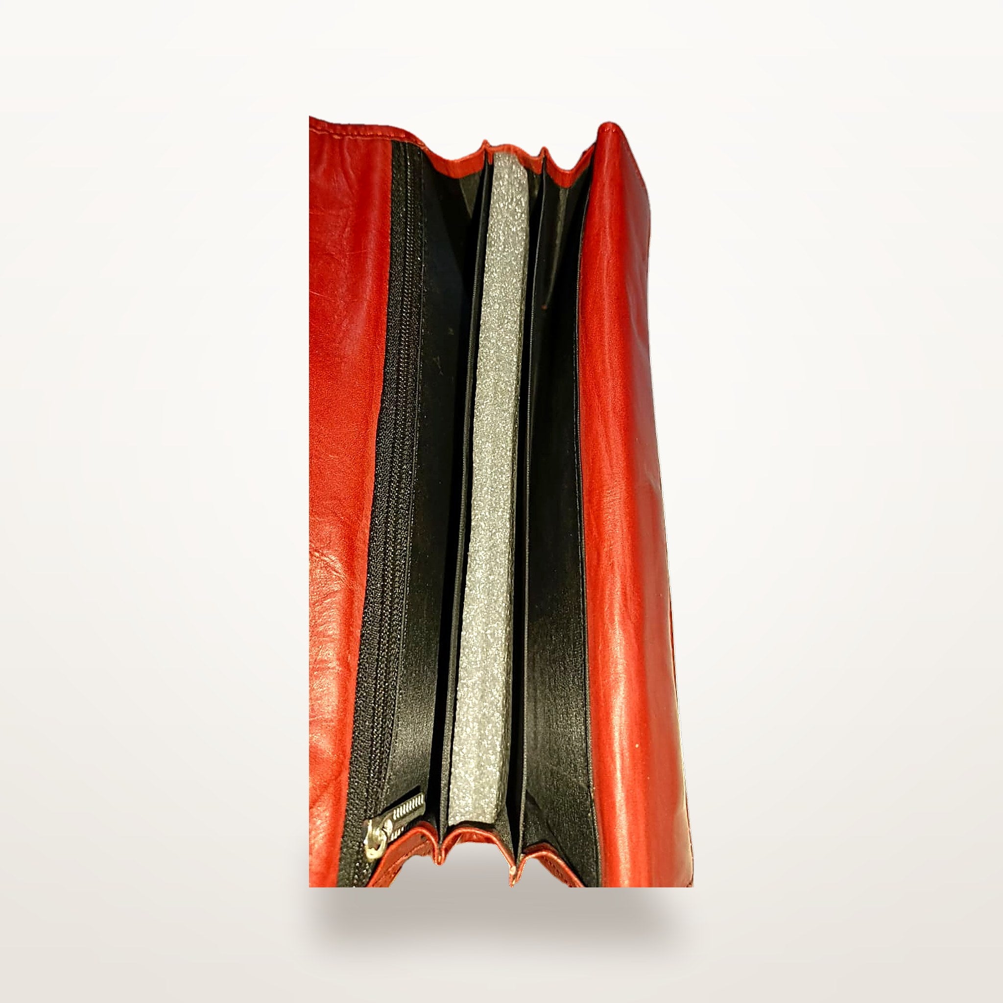 Red leather long wallet interior with centre zip coin pocket