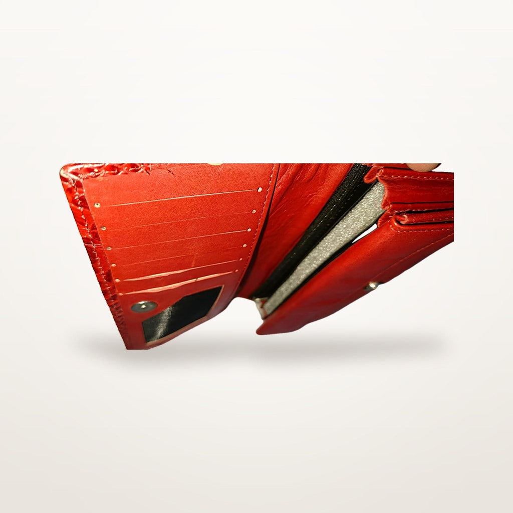 Red leather long wallet card slots and mesh ID window