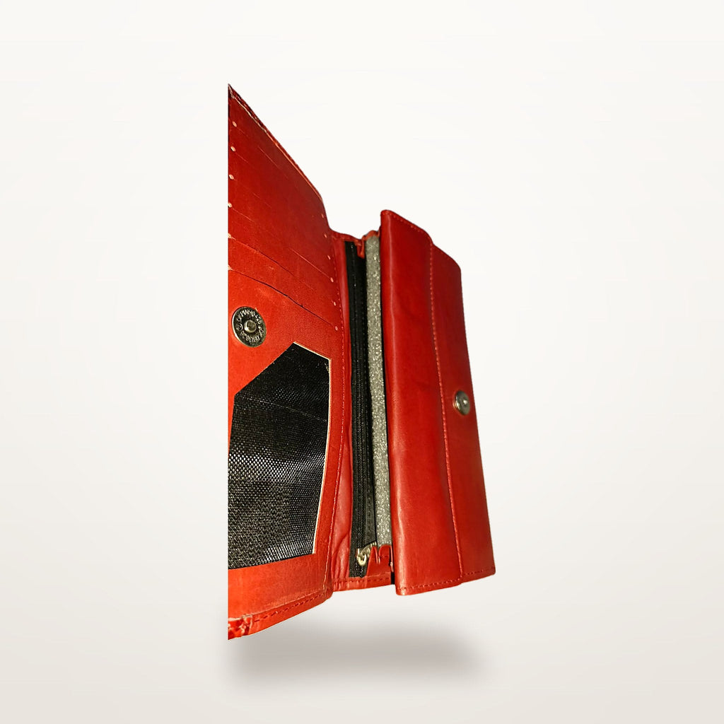 Red leather long wallet open, full interior layout