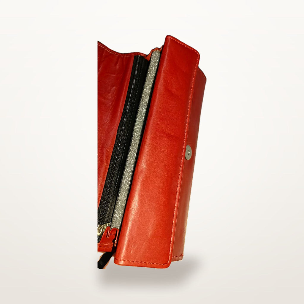 Red leather long wallet side profile showing compartment depth