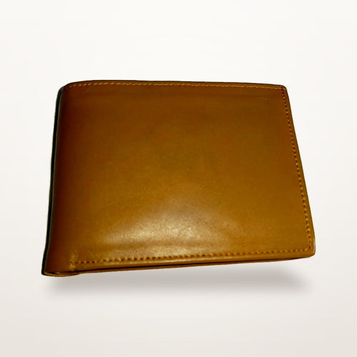 Tan genuine leather men's bifold wallet, closed front view