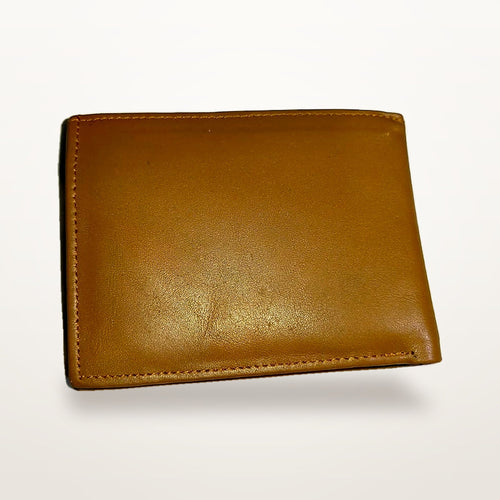 Tan leather bifold wallet closed, angled view showing edge stitching