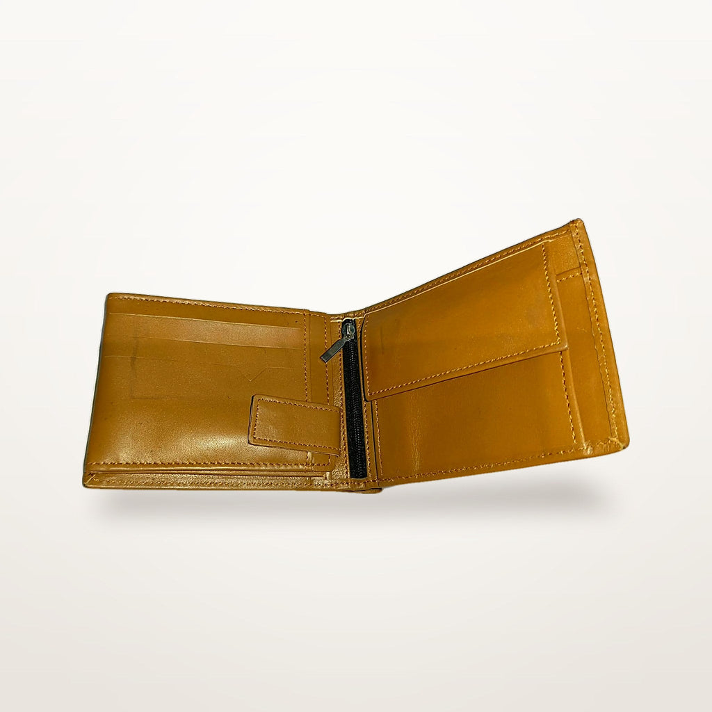 Tan leather bifold wallet open, showing card slots and note compartment