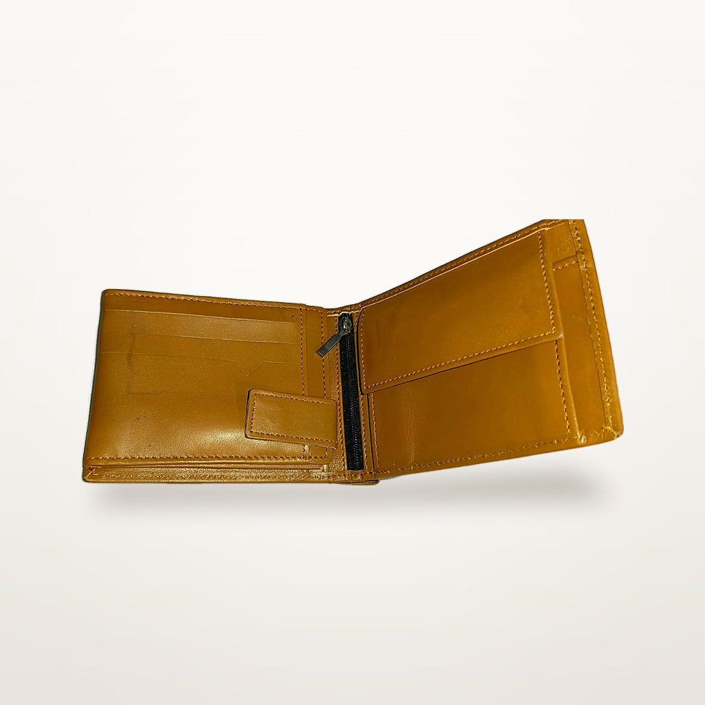 Tan leather bifold wallet open, interior slip pockets