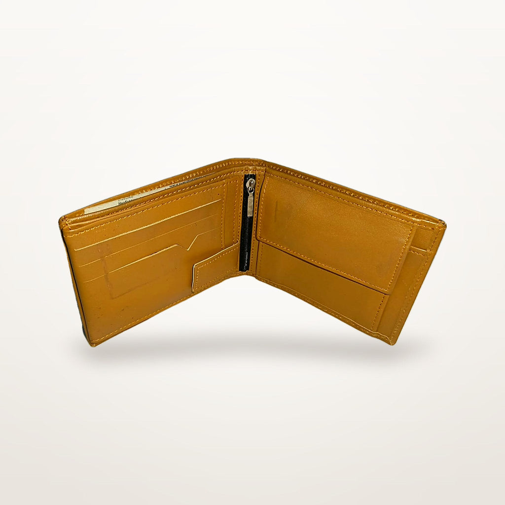 Tan leather bifold wallet opened flat, full interior layout
