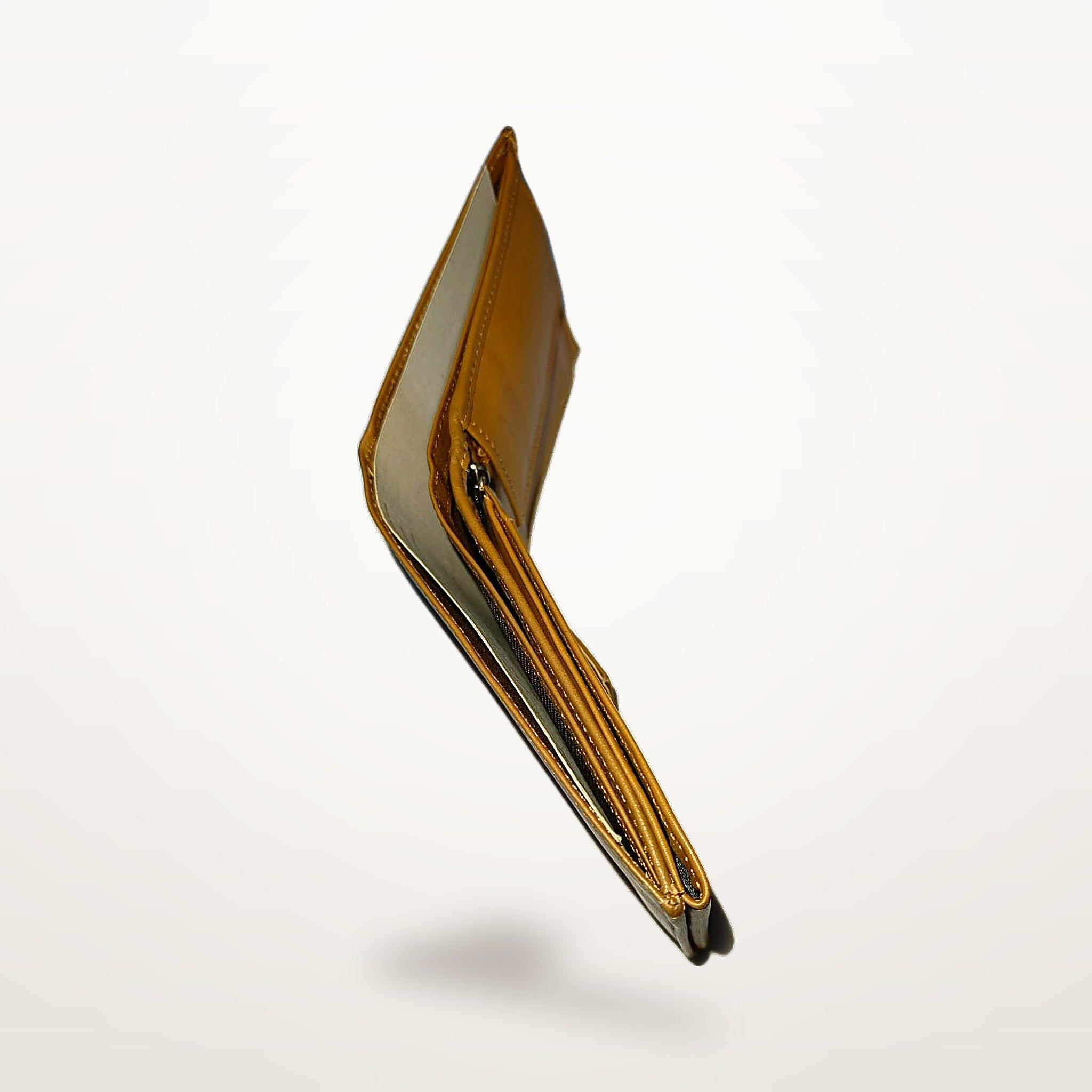 Tan leather bifold wallet side profile showing slim thickness